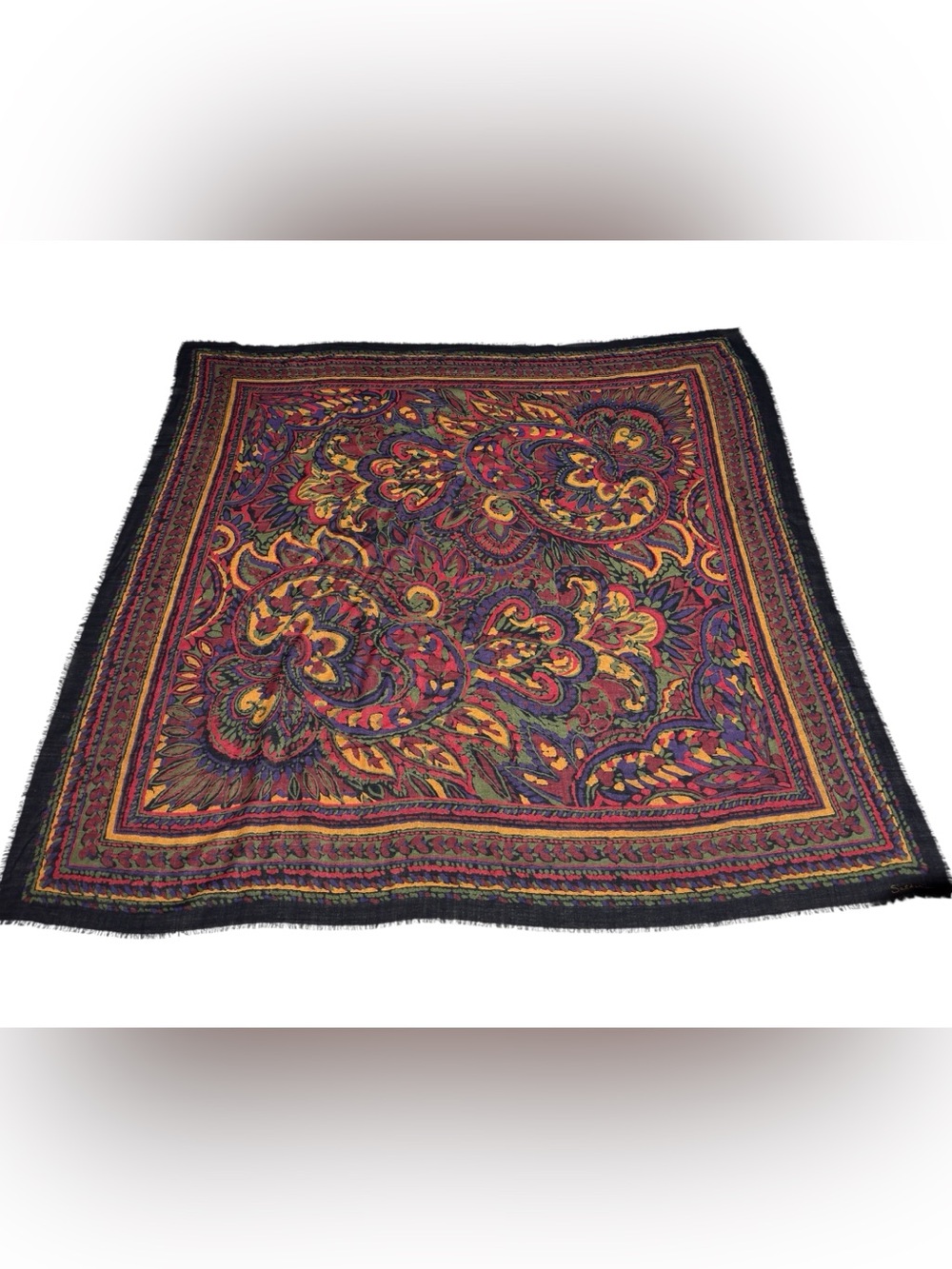 Vintage Saldarini Italy Wool Shawl 52” Paisley Oversized Scarf Wrap Short Fringe